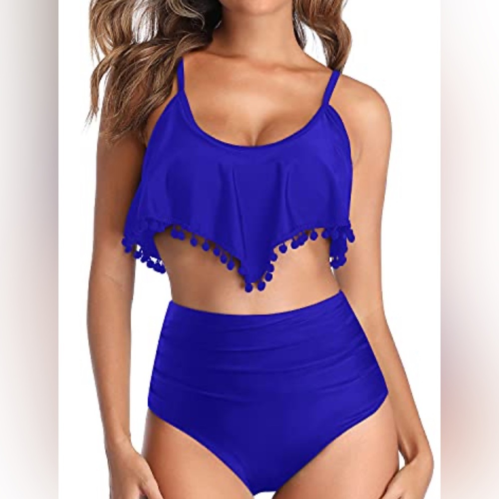 Vibrant Blue High-Waisted Bikini with Fringe Detail.   <<<<104>>>>>